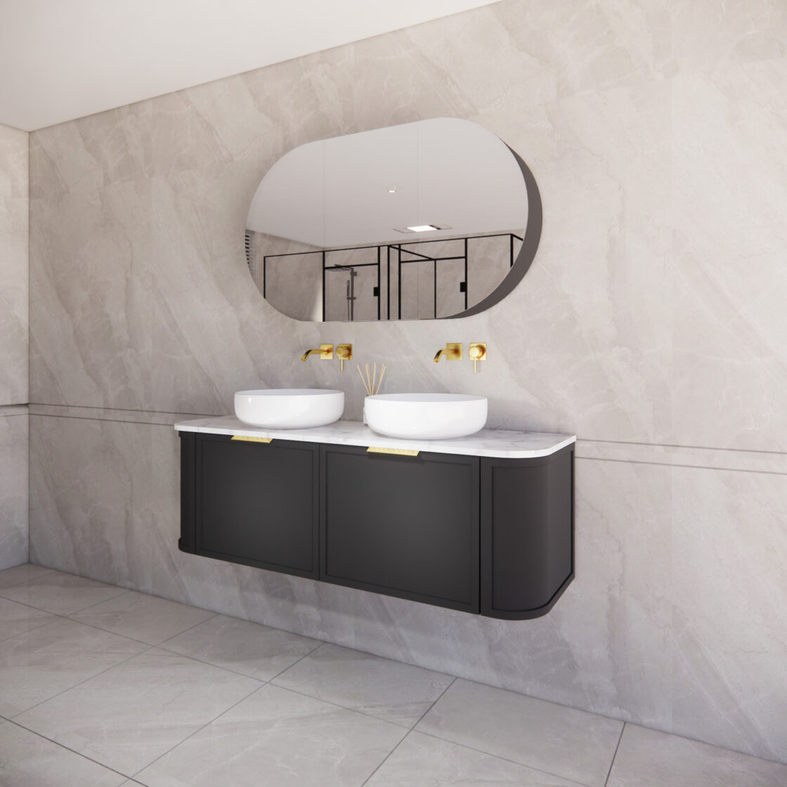 Matte Black ABS Houston Wall Hung Curved Double Bowl Vanity in All Sizes