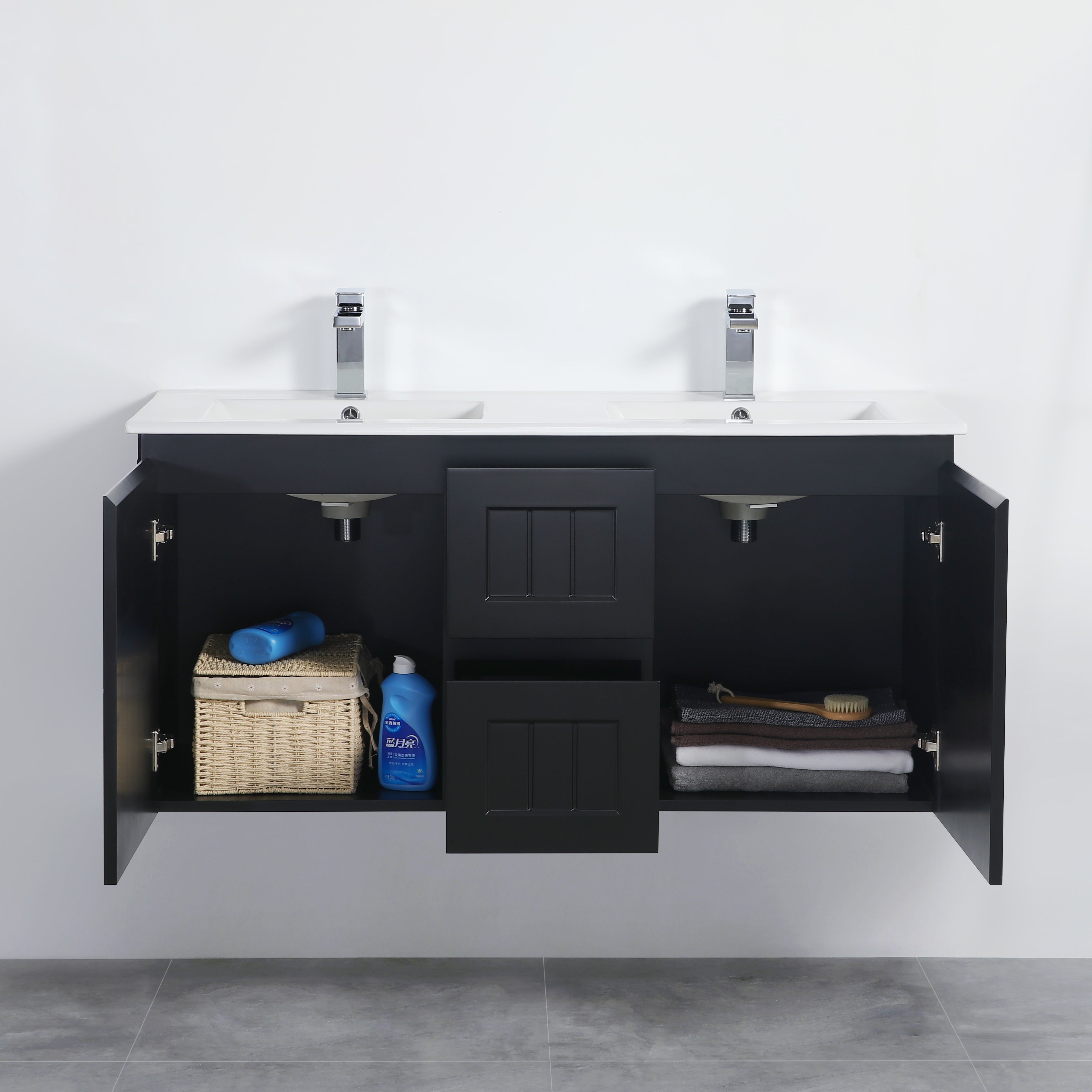 ACACIA Shaker Wall-Hung PVC Vanity - Double Bowl, 1200mm in Matte Black (On Sale!)