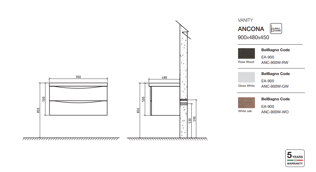 ANCONA 900mm Gloss White Wall - Hung Vanity for Contemporary Bathrooms