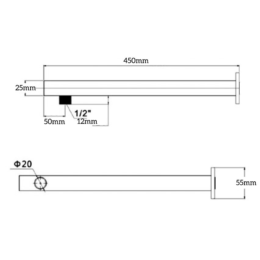 Black Straight Mica Wall Shower Arm - 450mm for Optimal Bathroom Showering
