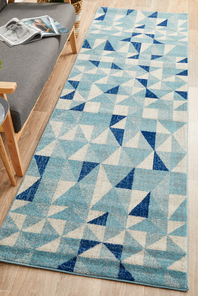 Modern Geo Blue Ivory Mirage Illusion Runner Rug with Timeless Design