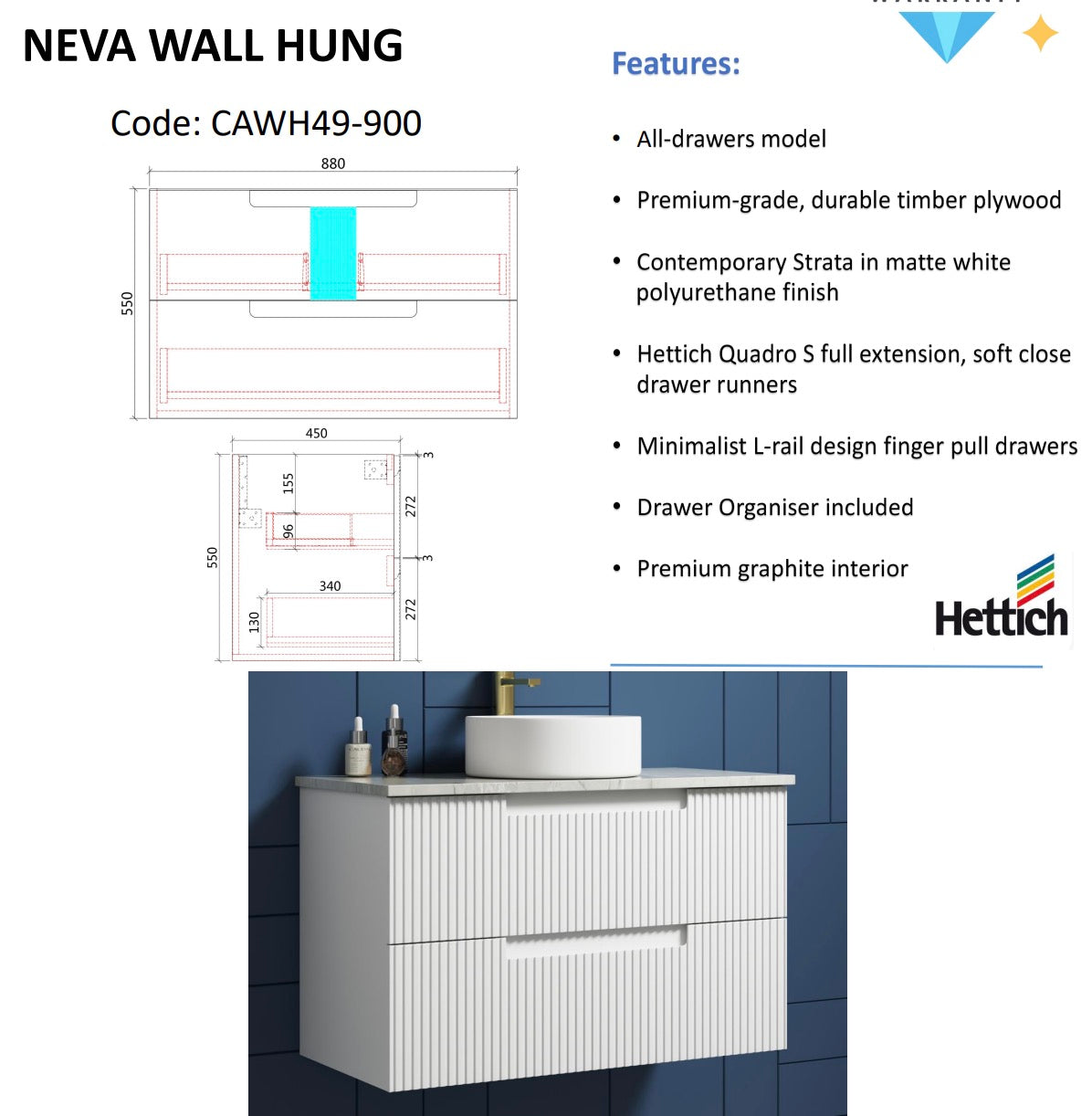 Matte White NEVA Wall - Hung Vanity Available in All Sizes