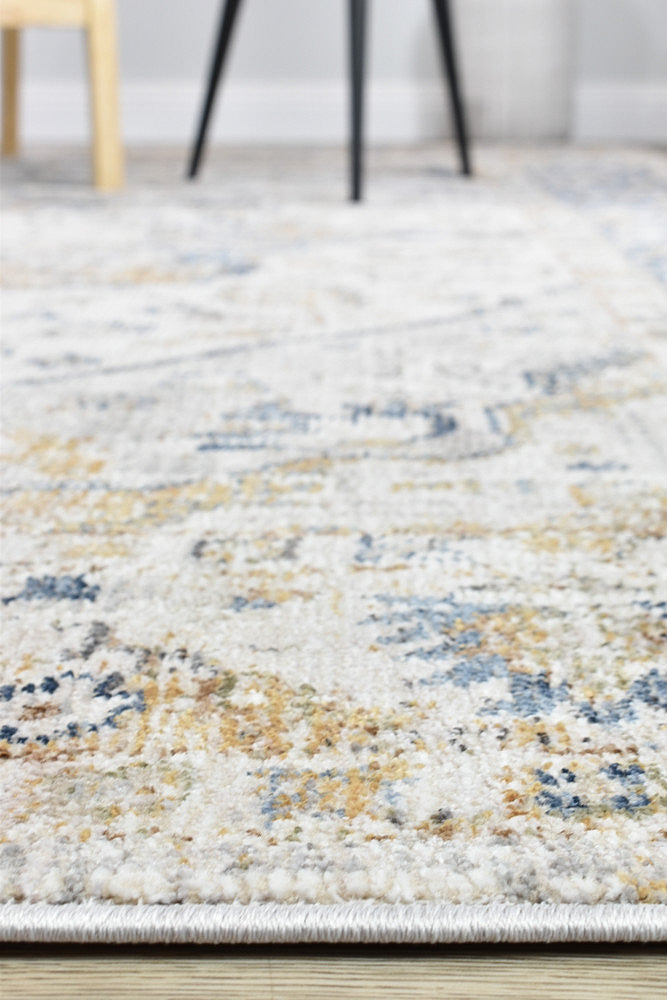 Stylish Medina Blue and Grey Floral Rug 0321B with Faded Look
