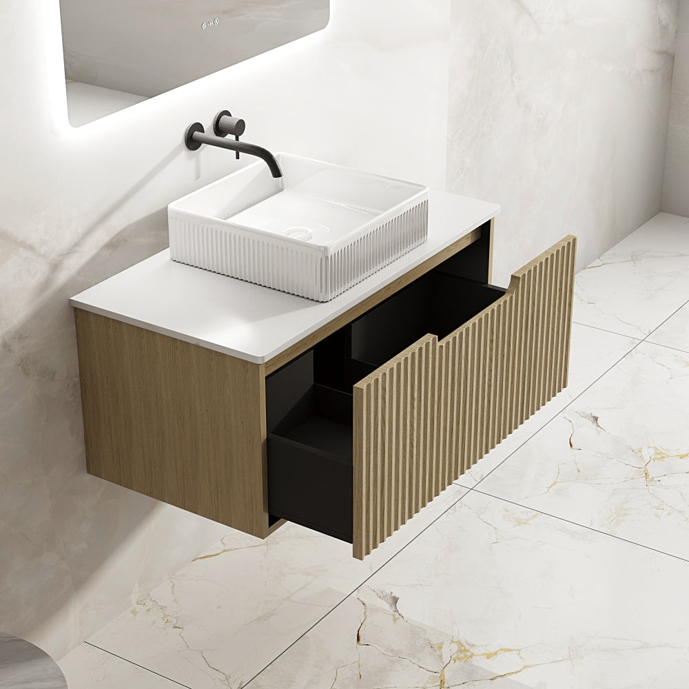Get Stylish Fluted Rhea Wall-Hung Vanity in Natural Oak (All Sizes)