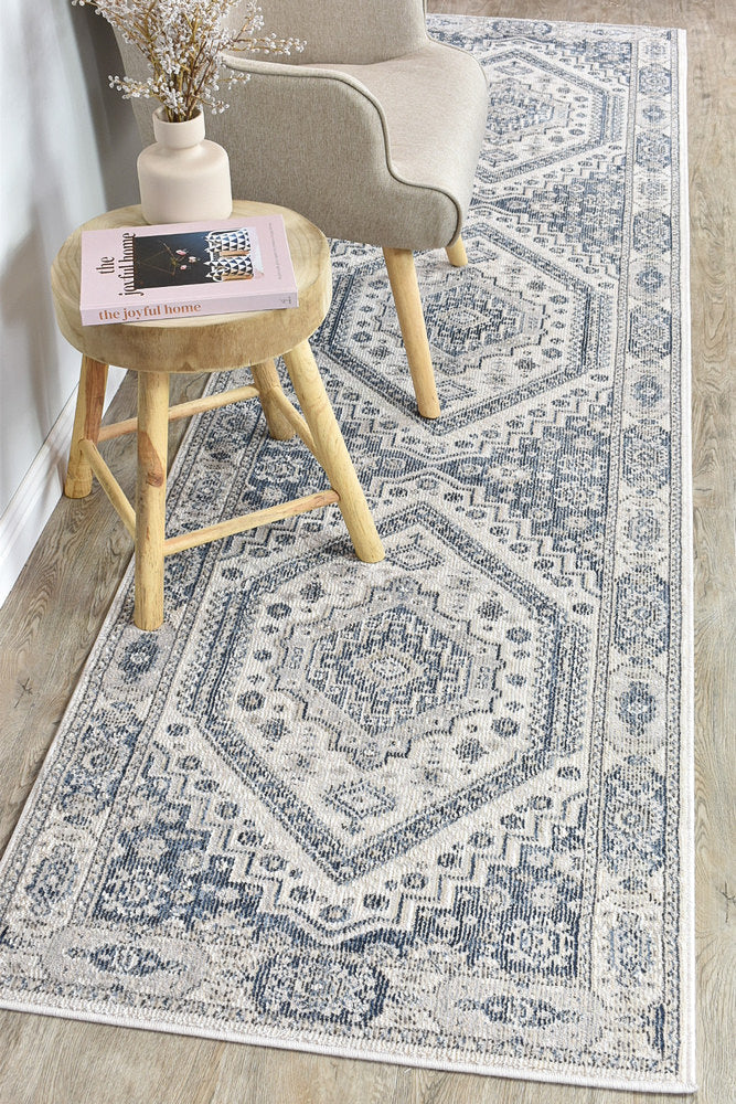 Trendy Blue Runner Rug A161A - Medina Cream with Understated Elegance