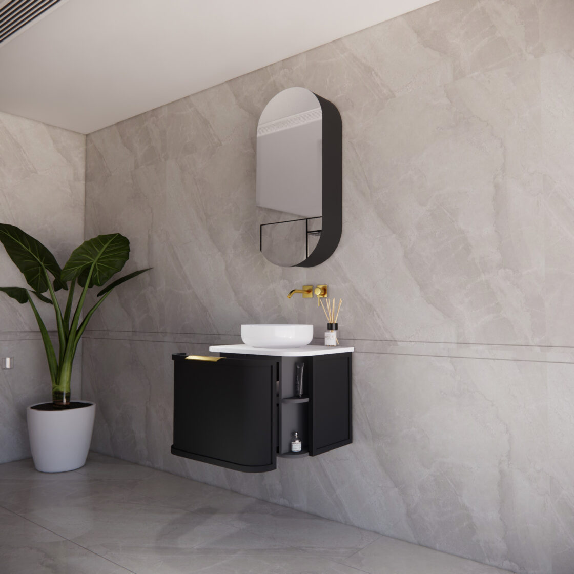 Matte Black ABS Houston Wall Hung Curved Double Bowl Vanity in All Sizes