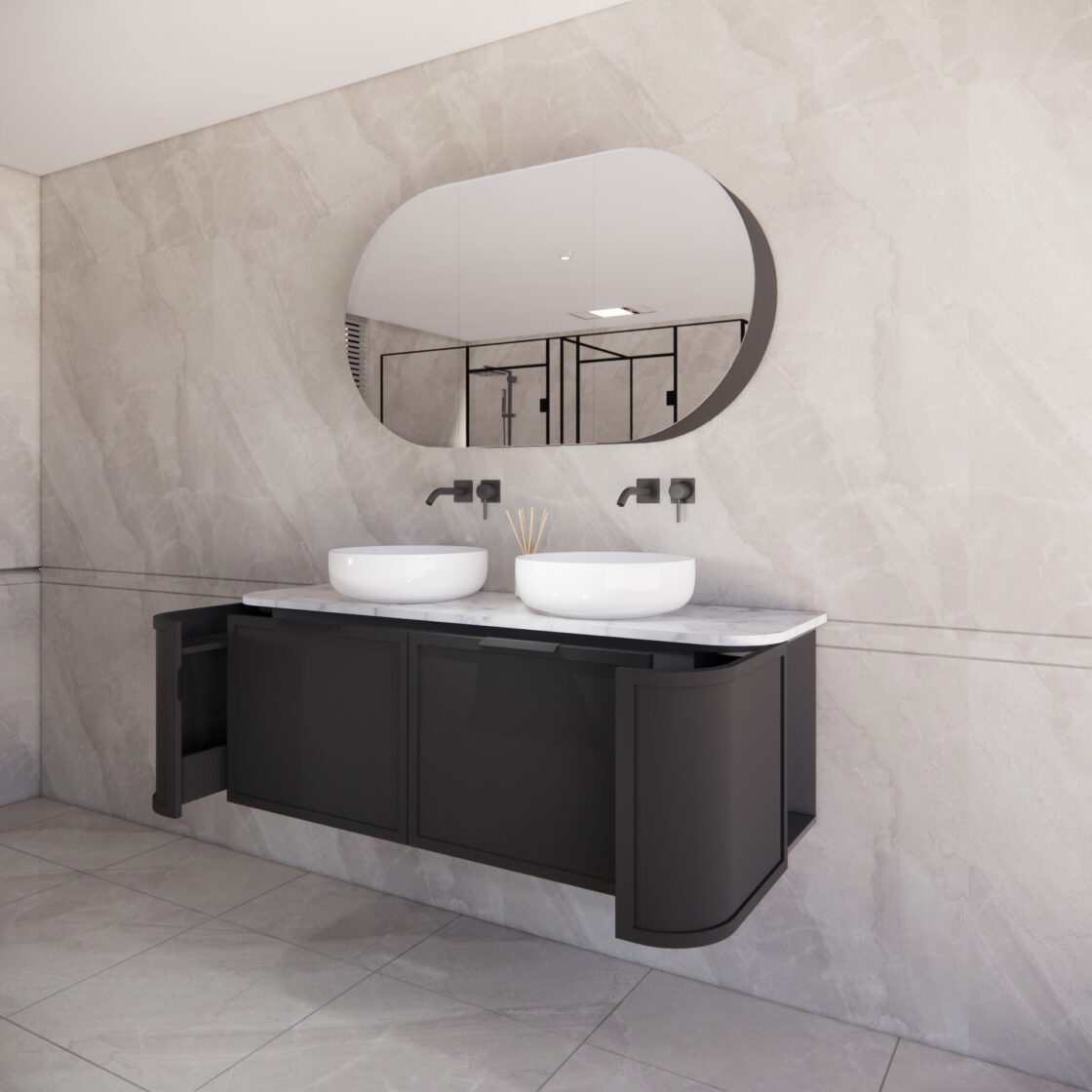Matte Black ABS Houston Wall Hung Curved Double Bowl Vanity in All Sizes