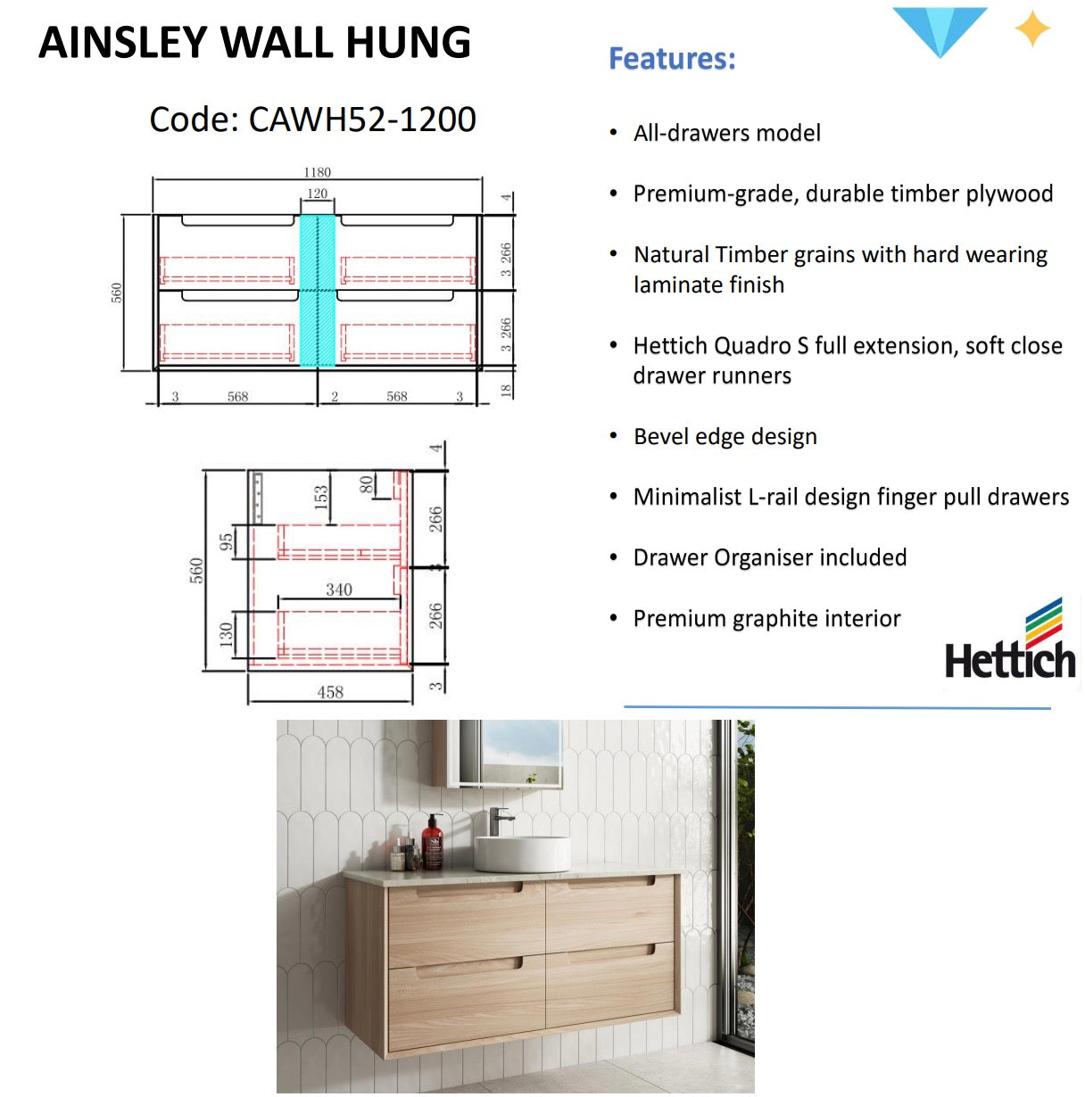 Exclusive AINSLEY Wall-Hung Bathroom Vanity in Natural Oak, Available in All Sizes