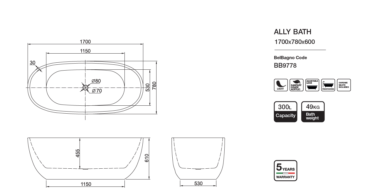 ALLY Freestanding Acrylic Bathtub - 1500mm or 1700mm Size, High - Quality for Your Bathroom