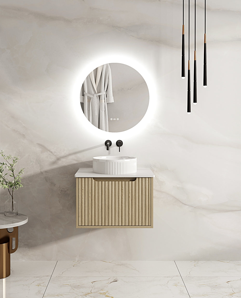 Get Stylish Fluted Rhea Wall-Hung Vanity in Natural Oak (All Sizes)