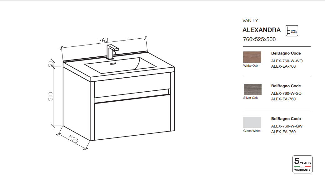 Discount! ALEXANDRA 760mm Wall - Hung Bathroom Vanity in Gloss White