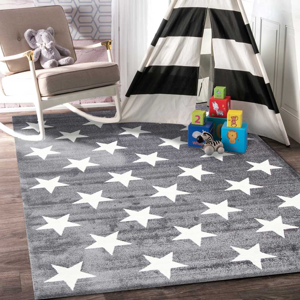 Piccolo Kids Rug: Charcoal & White Stars - Ideal for Imaginative Play