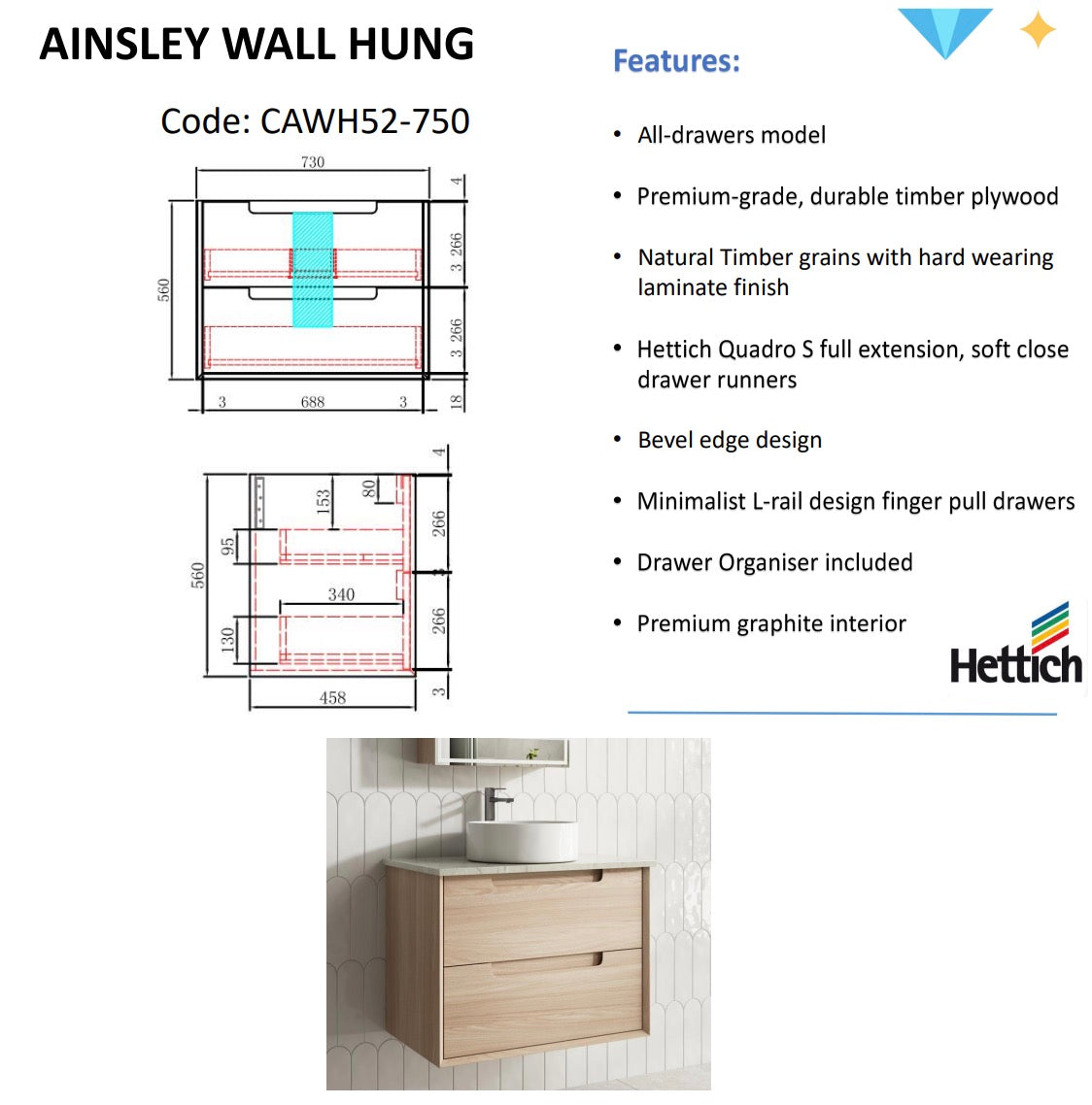 Hot Sale! Moreno Wall - Hung Bathroom Vanity in Natural Oak, Available in All Sizes
