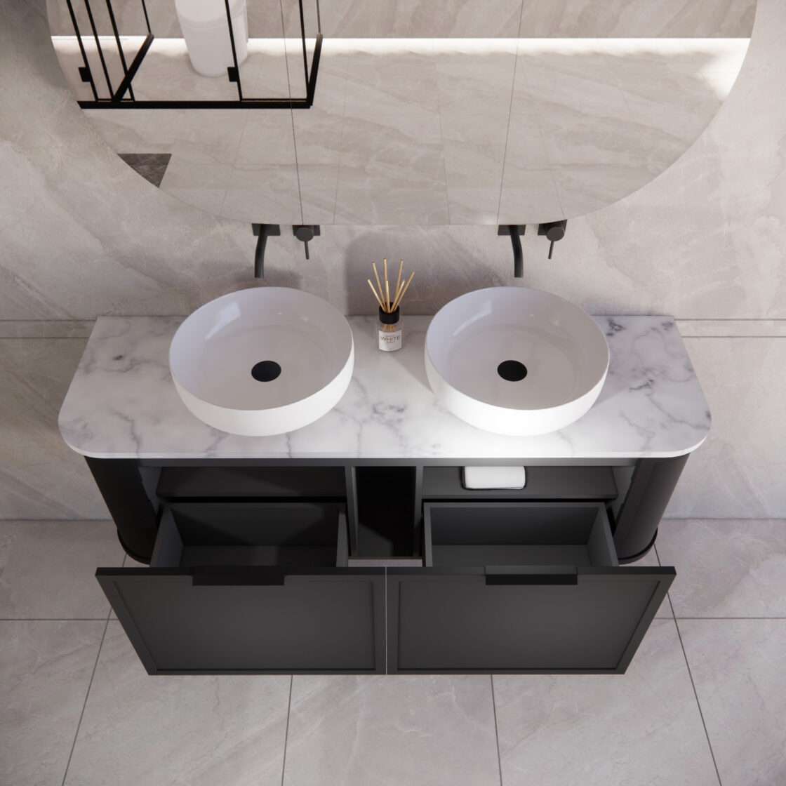 Matte Black ABS Houston Wall Hung Curved Double Bowl Vanity in All Sizes