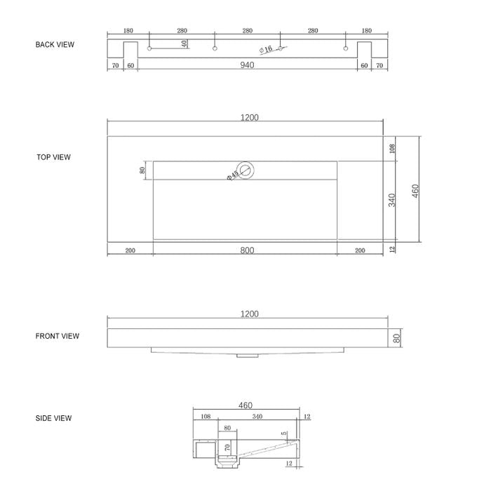 Hot Deal! Moonlight Solid Surface Rectangle Basin (1200x460x80) with Optional Mixer & Bottle Trap