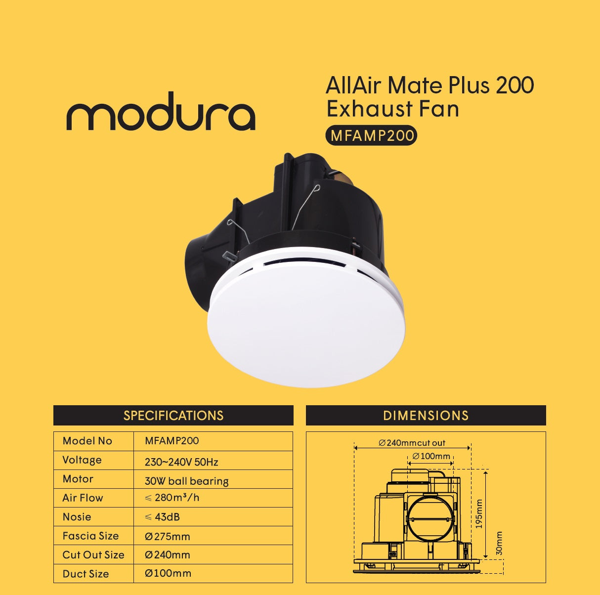 MODURA AllAir Mate Plus 200 White Round Ceiling Exhaust Fan, Cut Out Φ240mm - Great Deal