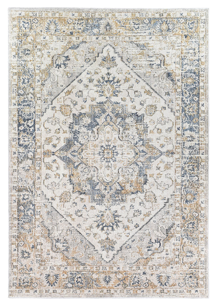 Stylish Medina Blue and Grey Floral Rug 0321B with Faded Look
