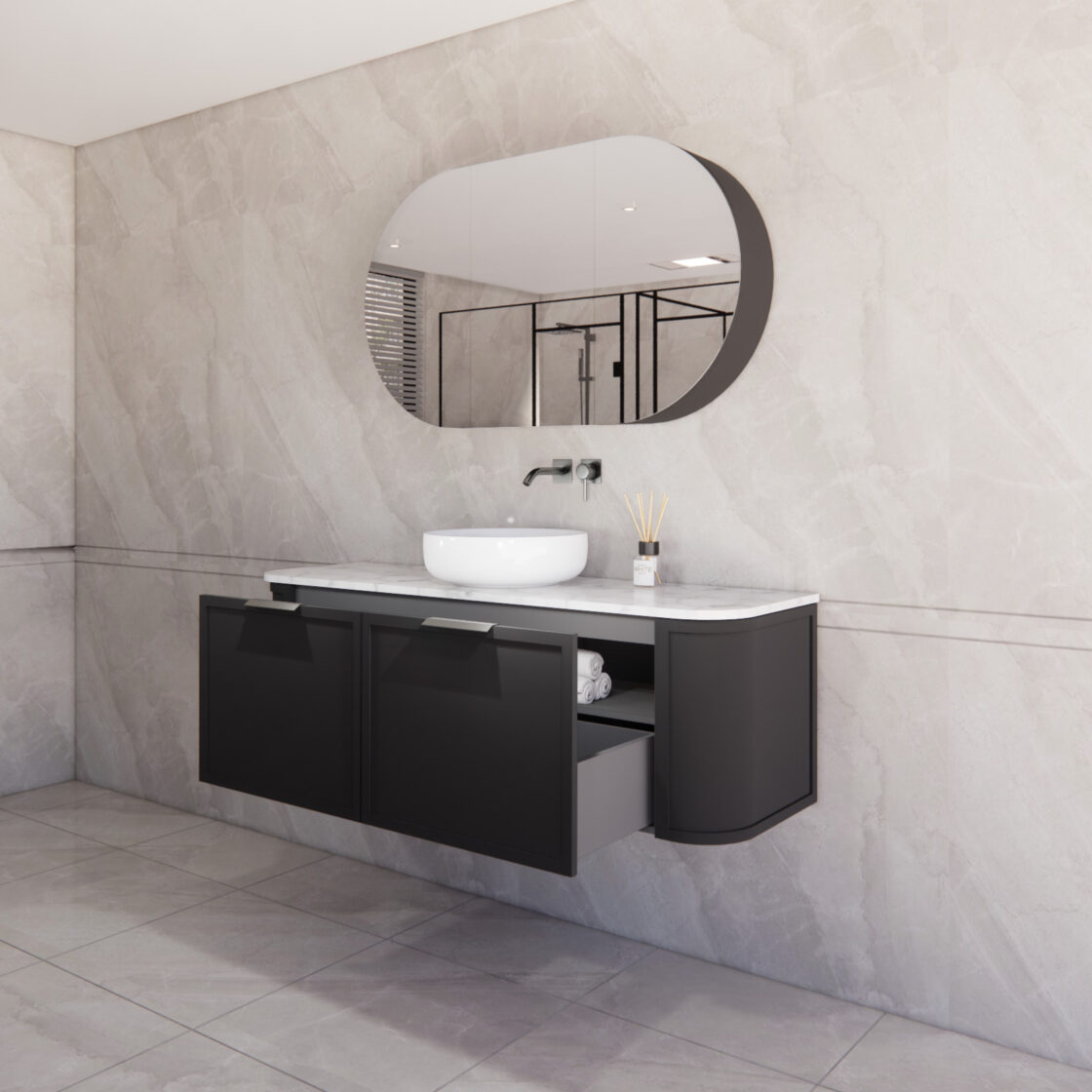 Matte Black ABS Houston Wall Hung Curved Double Bowl Vanity in All Sizes