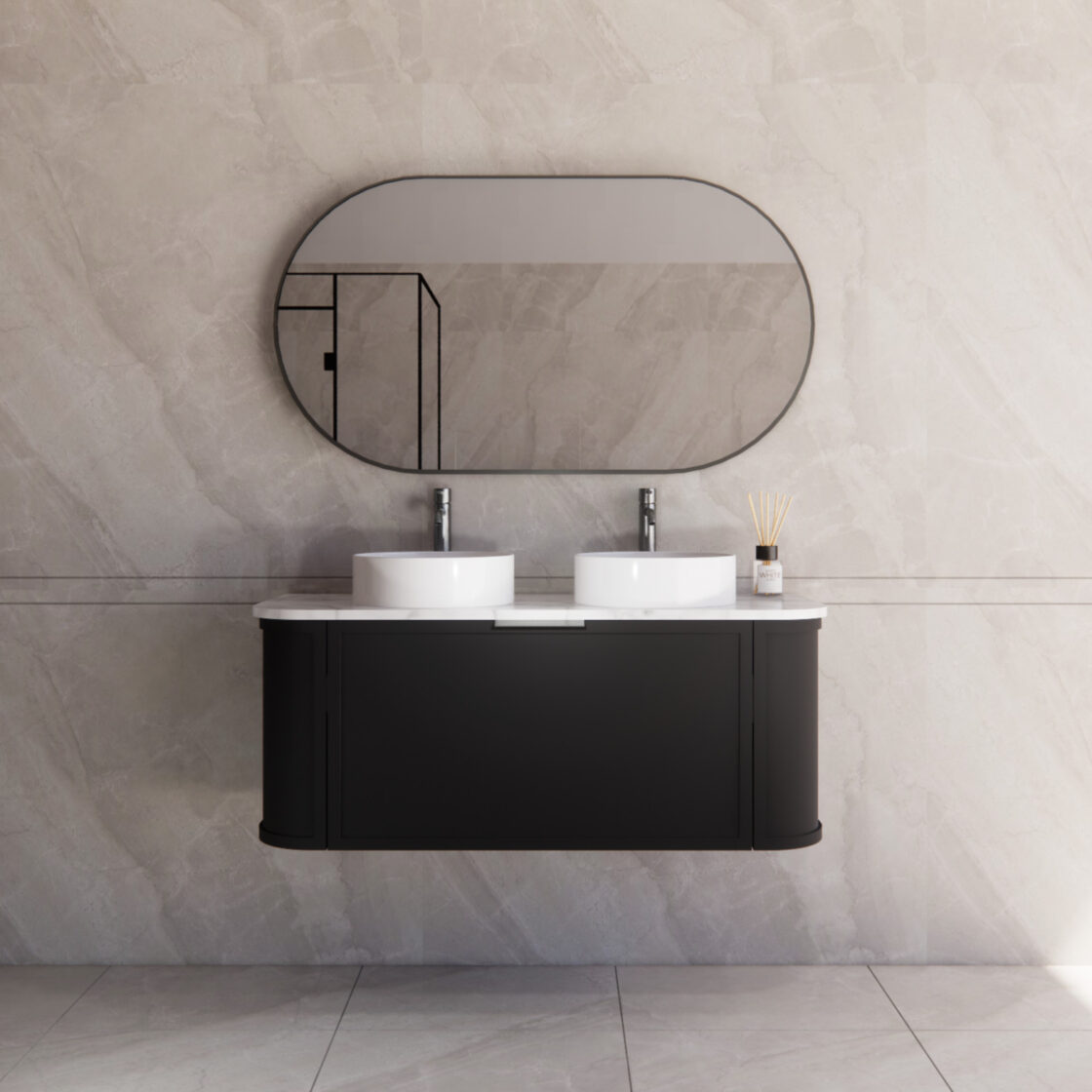 Matte Black ABS Houston Wall Hung Curved Double Bowl Vanity in All Sizes