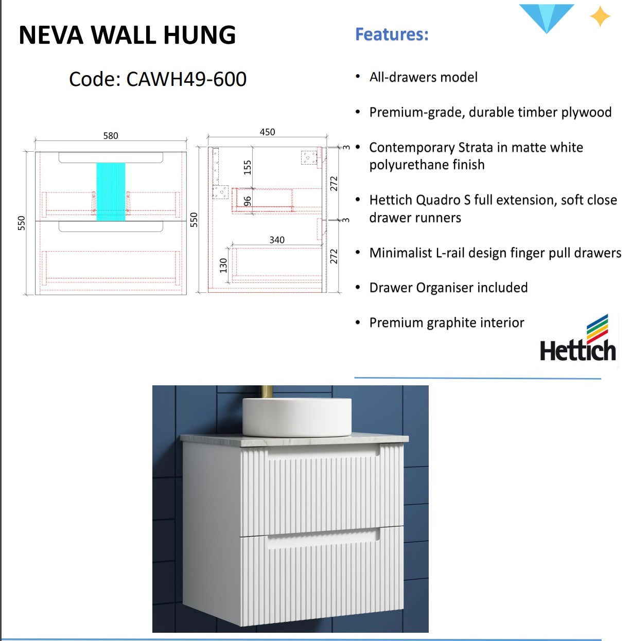 Matte White NEVA Wall - Hung Vanity Available in All Sizes
