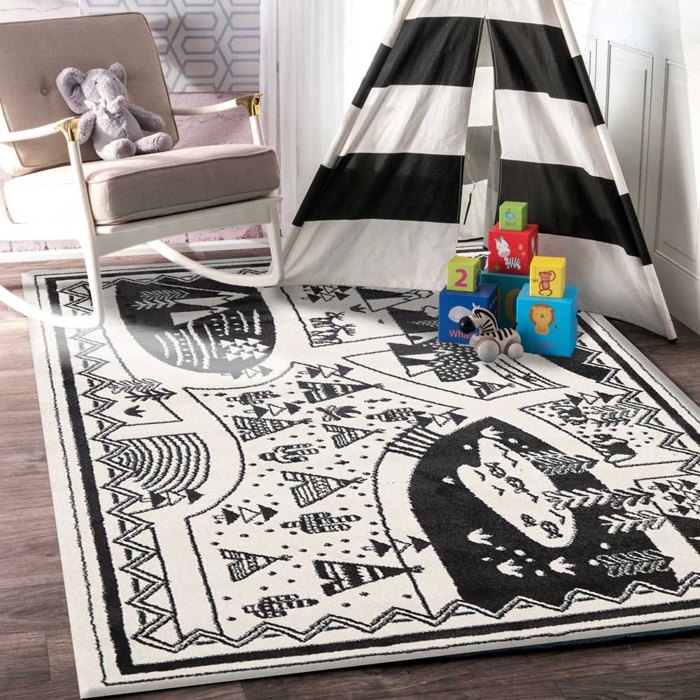 Piccolo Kids Black and White Camping Adventure Rug - Great for Play!