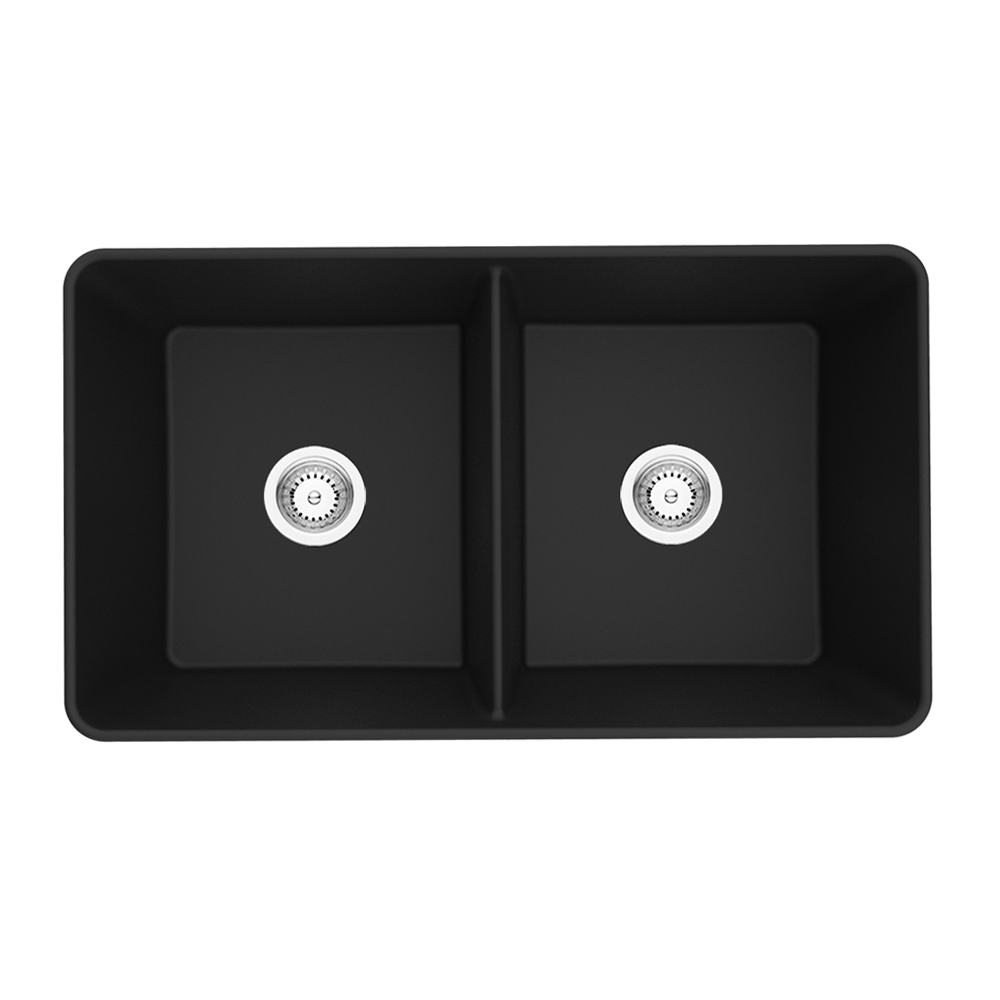 Hot Deal! Matte Black Farmhouse Double Bowl Quartz Kitchen Sink 838x482x262
