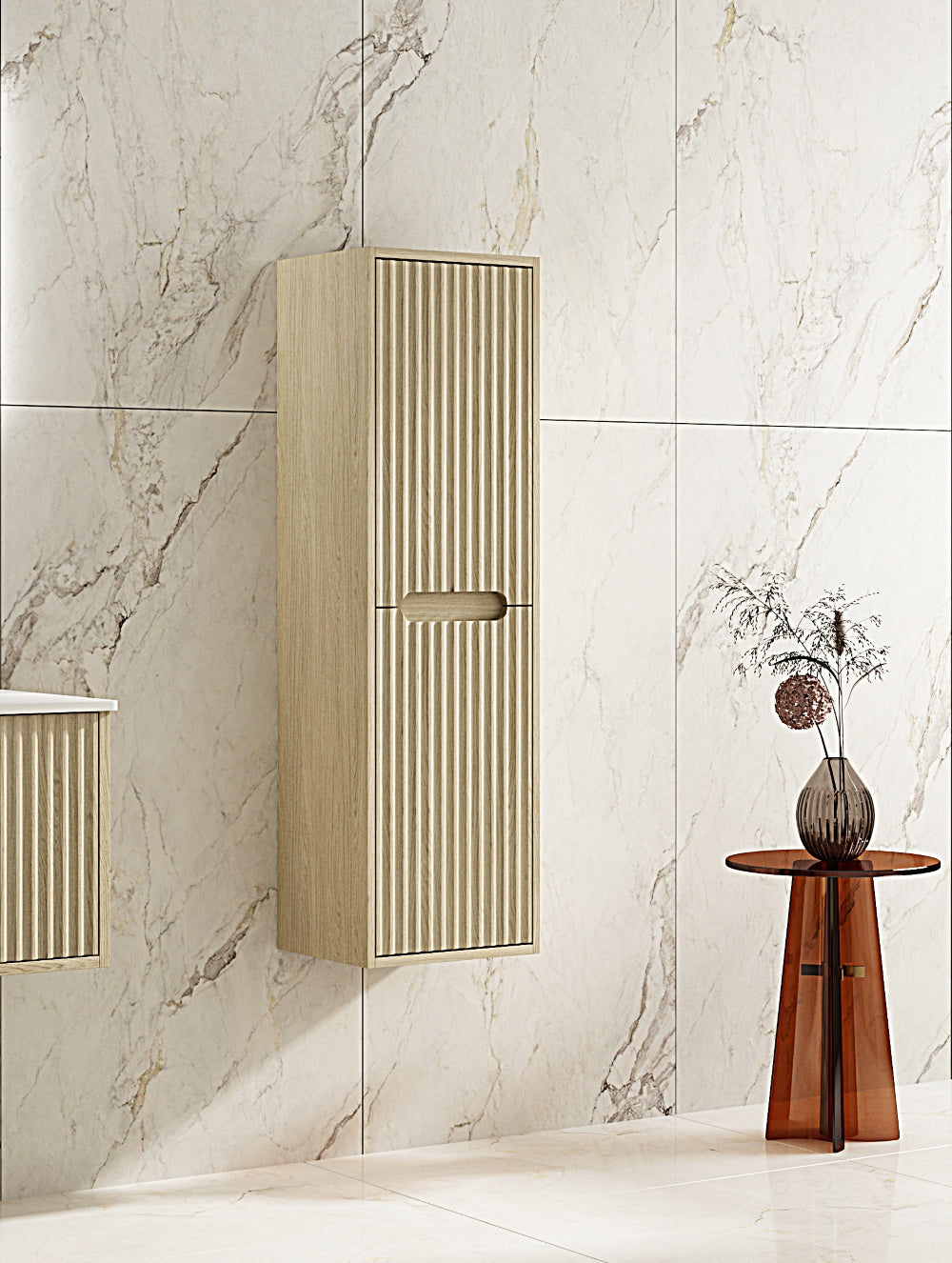 Upgrade Your Bathroom! Natural Oak Fluted Rhea Tall Boy Bathroom Cabinet