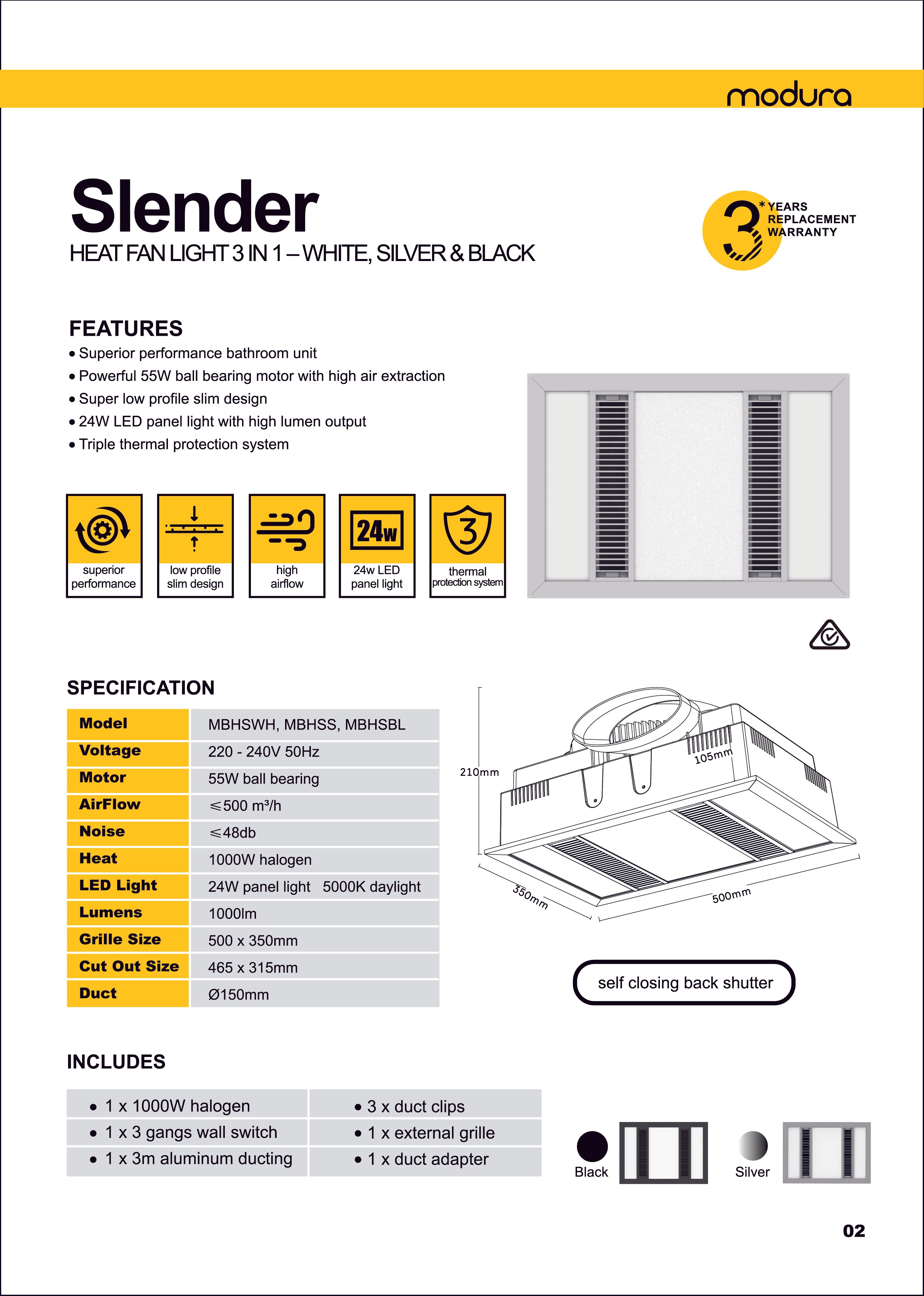 MODURA 24w White Slender Exhaust Fan with High Extraction and Panel Light