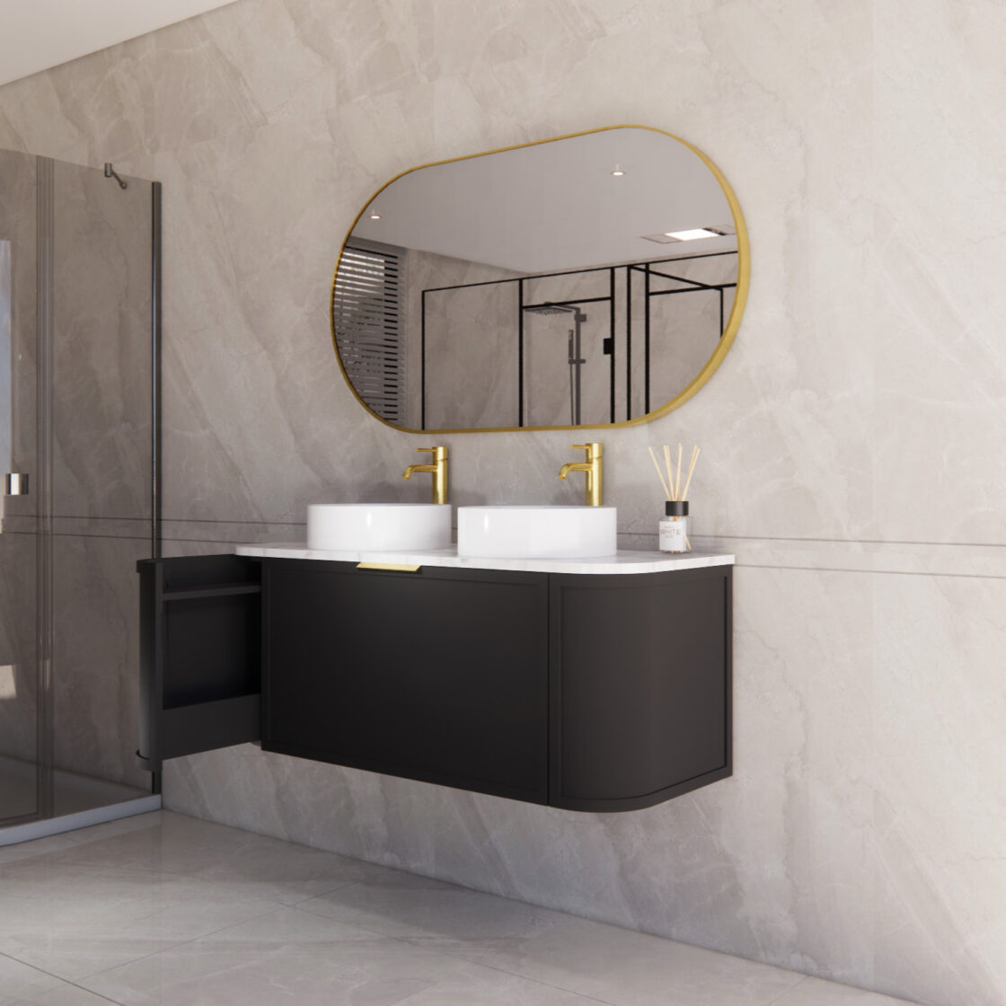 Matte Black ABS Houston Wall Hung Curved Double Bowl Vanity in All Sizes