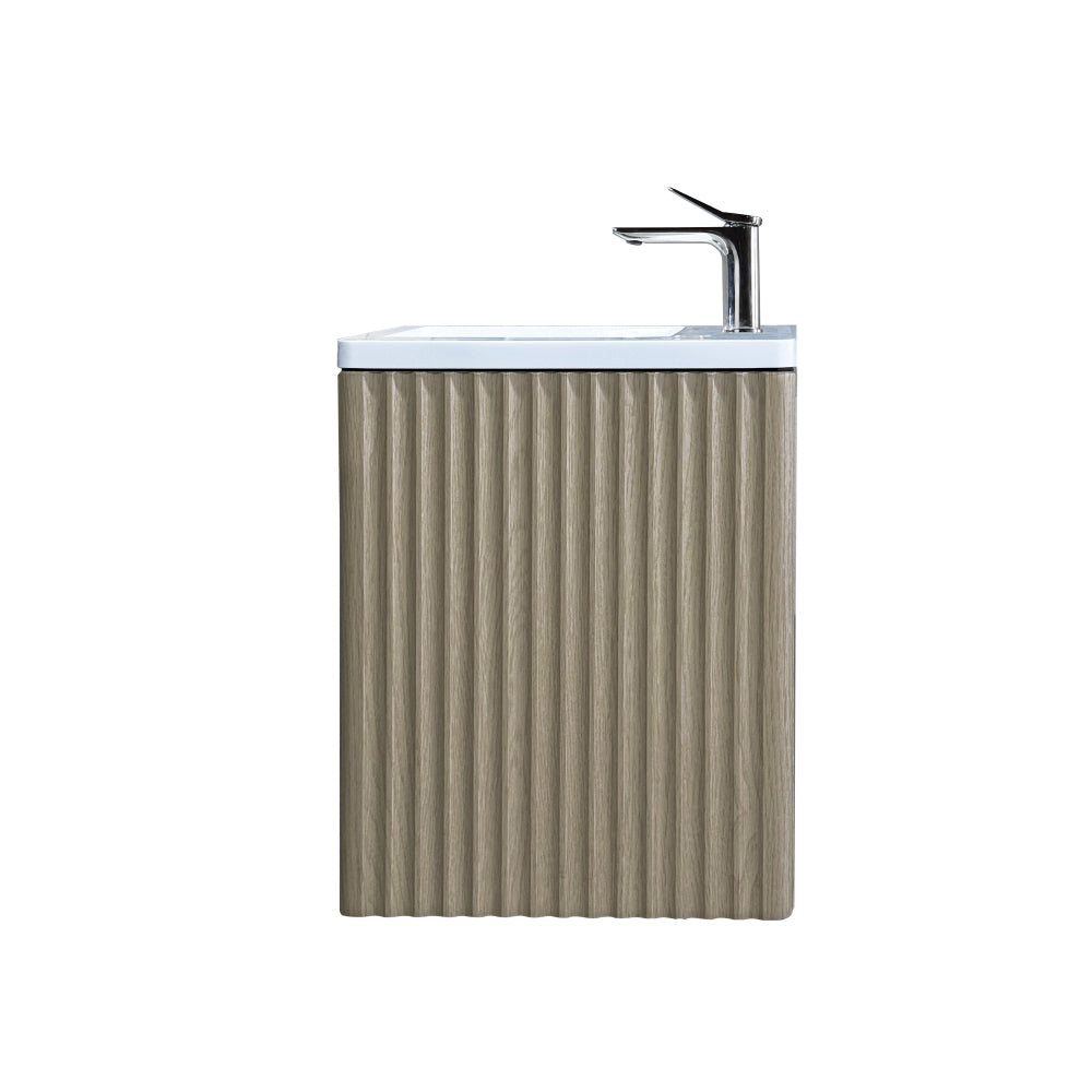 Limited Offer! 400mm Fluted Rhea Mini Wall - Hung Bathroom Vanity in Natural Oak with Gloss White Basin