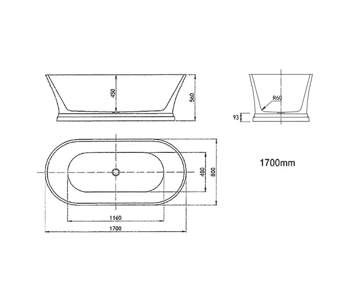 1700mm Gloss White Non-Overflow Freestanding HAMPTON Bathtub