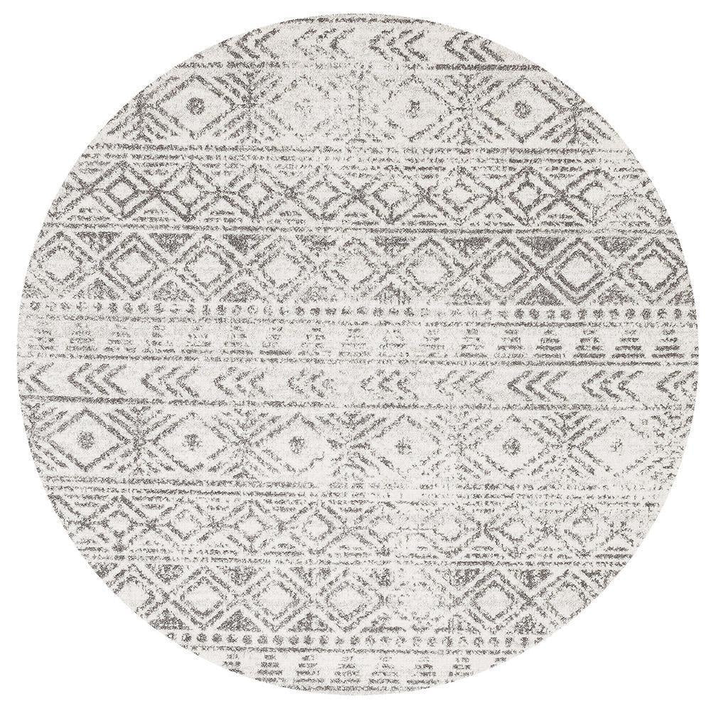 Oasis Ismail Rustic Round Rug in White and Grey Tones