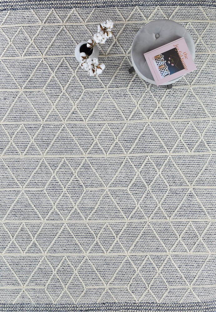 Albona Blue-White Blend Wool and Viscose Hand-Woven Rug