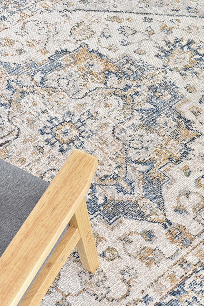 Stylish Medina Blue and Grey Floral Rug 0321B with Faded Look