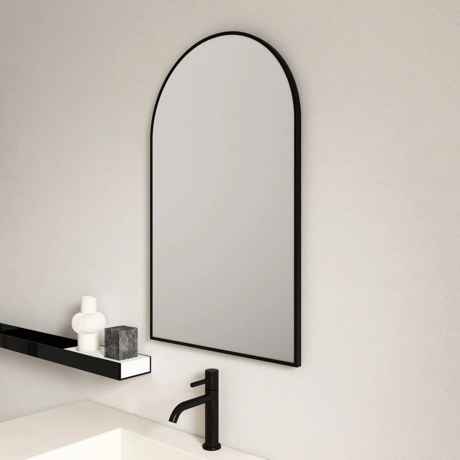 Hot Sale! 900x600mm Aluminum Framed Arch Mirror in Sleek Matte Black for Bathrooms