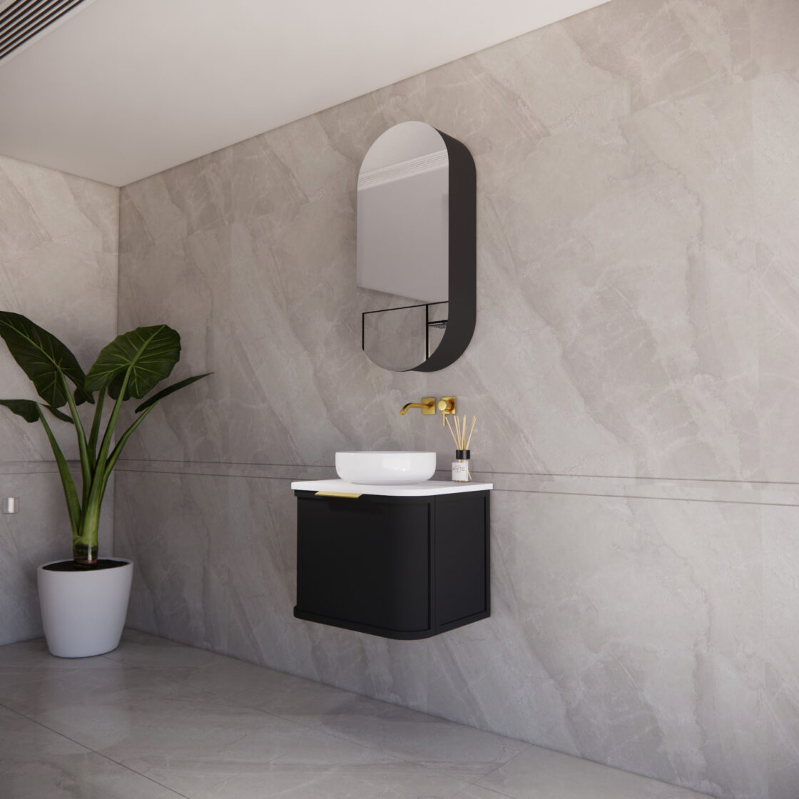 Matte Black ABS Houston Wall Hung Curved Double Bowl Vanity in All Sizes