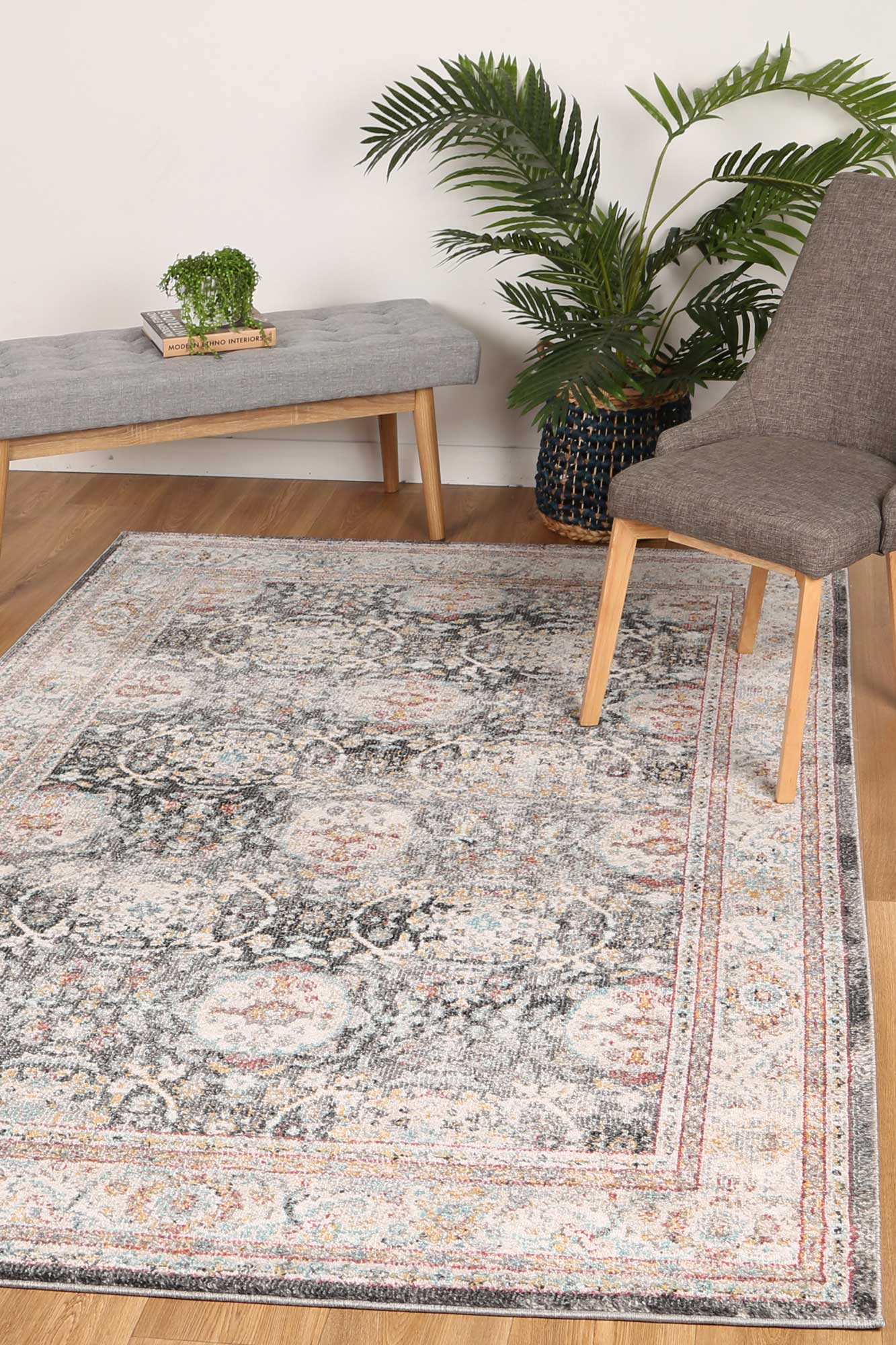 Ezra Vintage Oriental Style Polyester and Polypropylene Rug in Red, Anthracite/Grey, and Ivory
