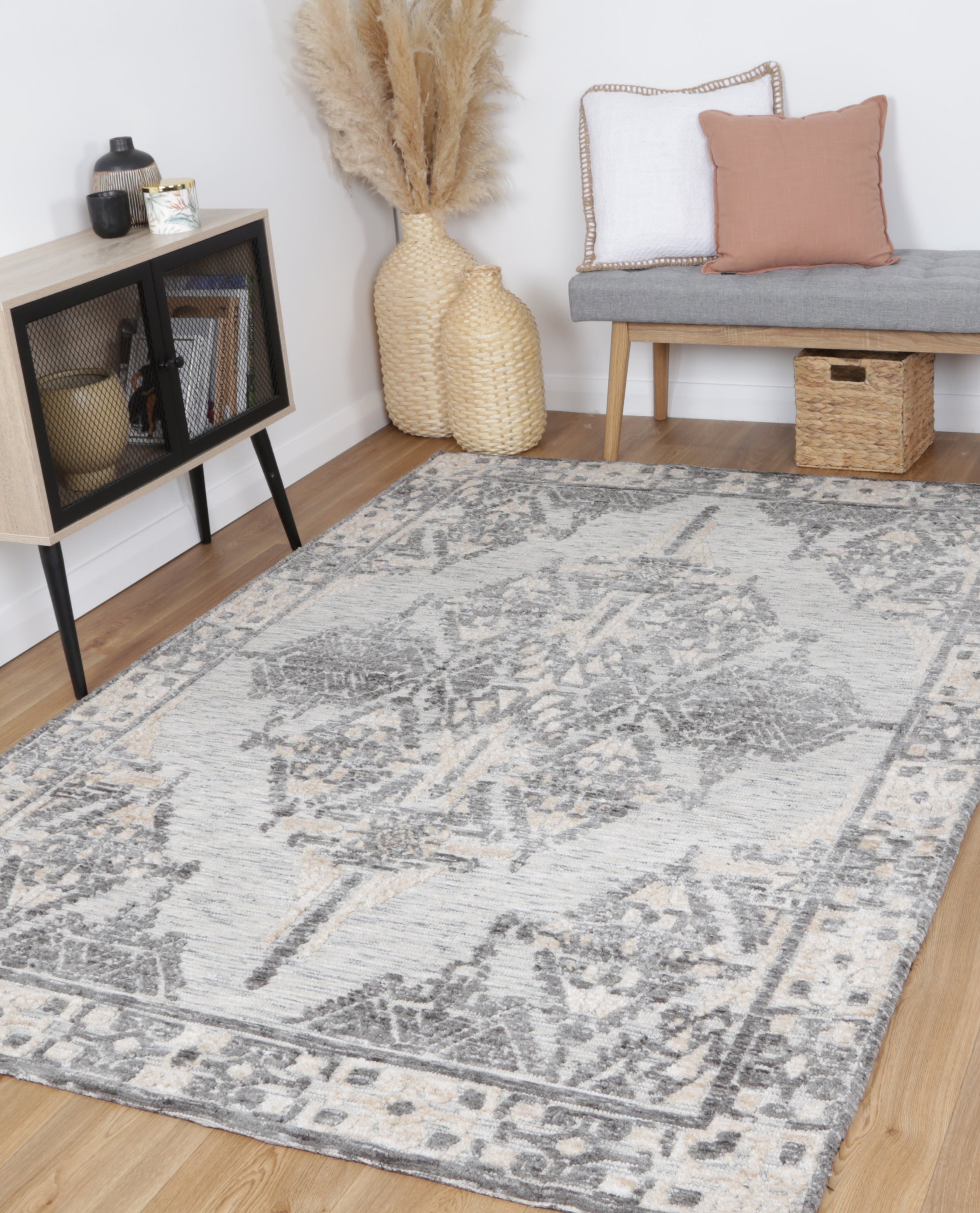 Ambarsar Beige and Charcoal Cotton-Polyester Blend Luxury Rug
