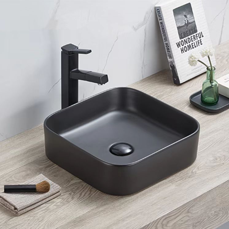 Hot Sale! Square POSEIDON Matte Black Ceramic Above - Counter Basin (370x370x110)