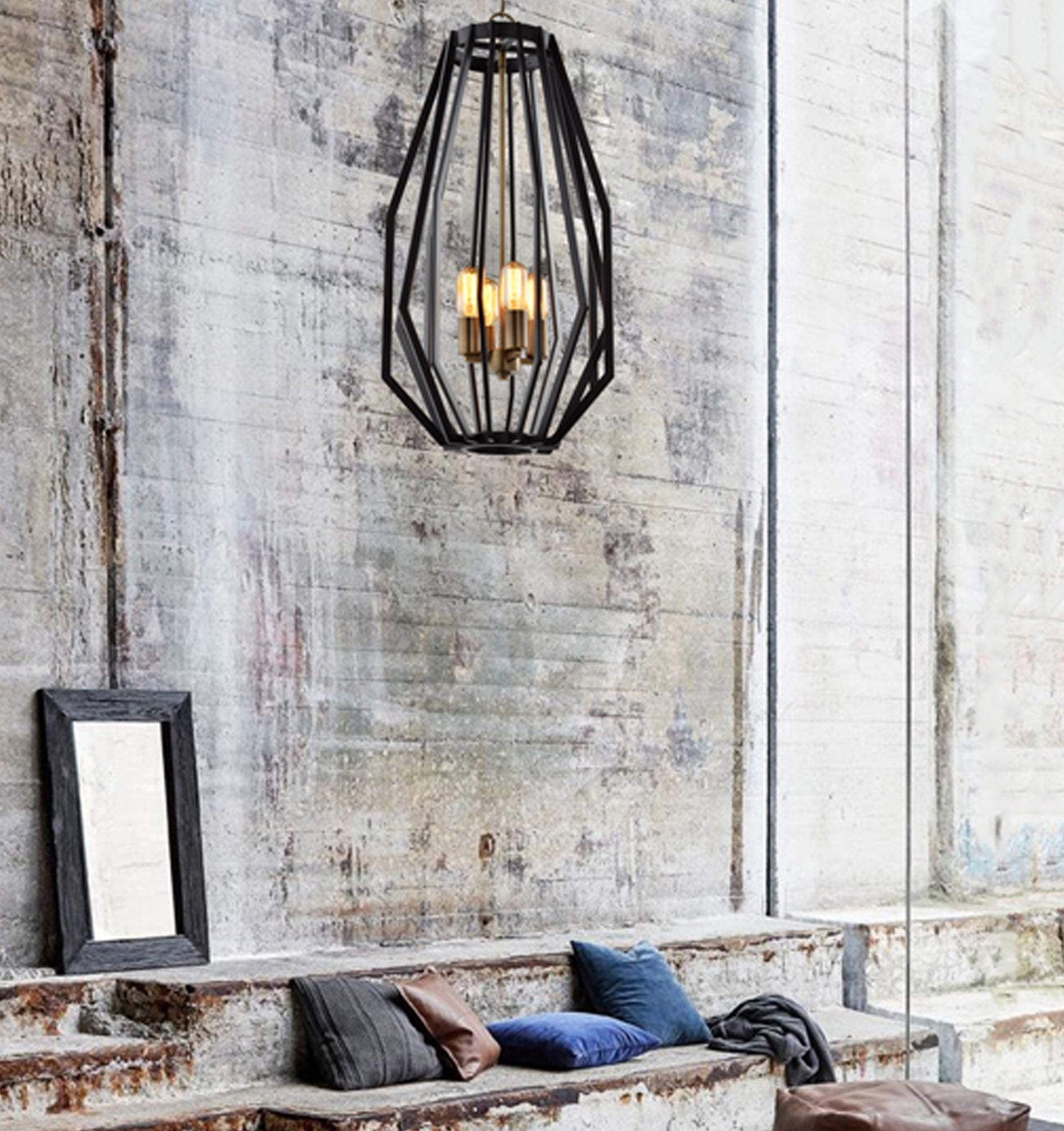 GAMBA Industrial Rustic Single Narrow Angular Cage Pendant Light - Ideal for Indoor Decor