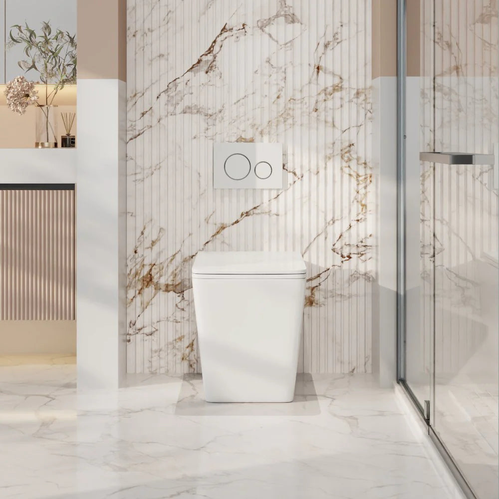 Get the Enox99 Rimless Wall-Faced Floor Toilet Pan in Gloss White for a Stylish Bathroom Upgrade