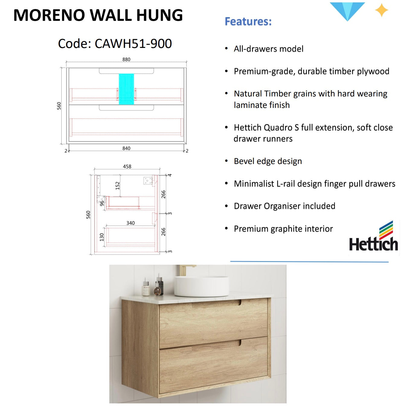 Hot Sale! Moreno Wall - Hung Bathroom Vanity in Natural Oak, Available in All Sizes