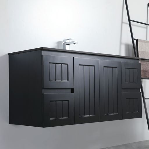 ACACIA Shaker Wall-Hung PVC Vanity - Double Bowl, 1200mm in Matte Black (On Sale!)