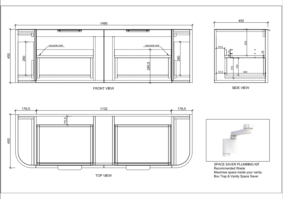 Matte Black ABS Houston Wall Hung Curved Double Bowl Vanity in All Sizes
