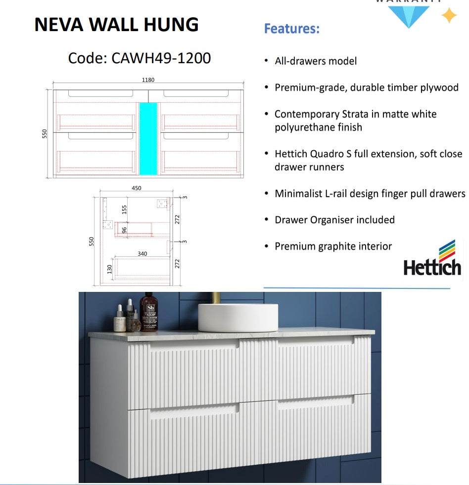 Matte White NEVA Wall - Hung Vanity Available in All Sizes