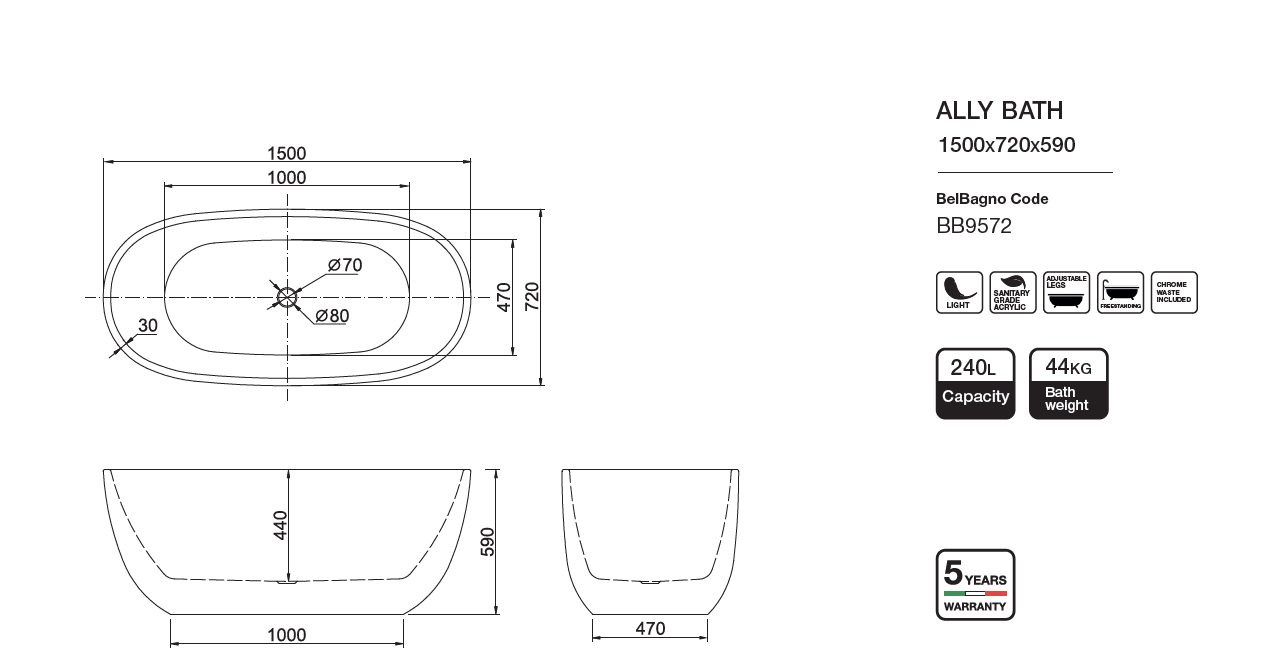 ALLY Freestanding Acrylic Bathtub - 1500mm or 1700mm Size, High - Quality for Your Bathroom