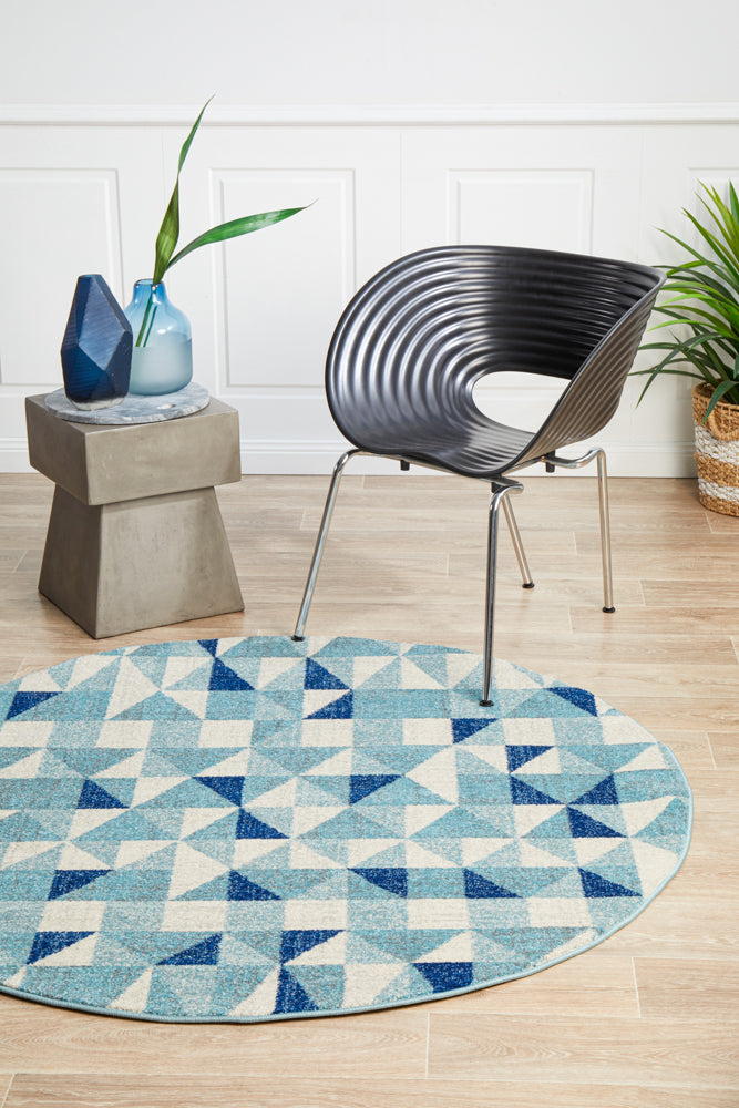 Modern Geo Blue Ivory Round Rug - Mirage Illusion Style, Timeless Design