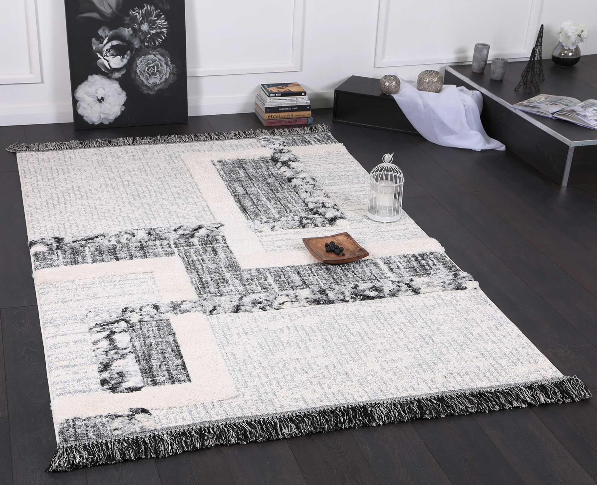 Hot Sale! Modern Cream Anthracite Mono Tribal Moroccan Inspired Rug