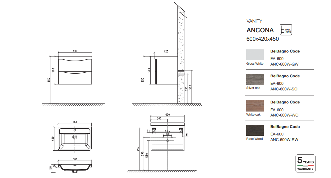 Hot Deal: ANCONA 600mm Rose Wood Wall - Hung Vanity