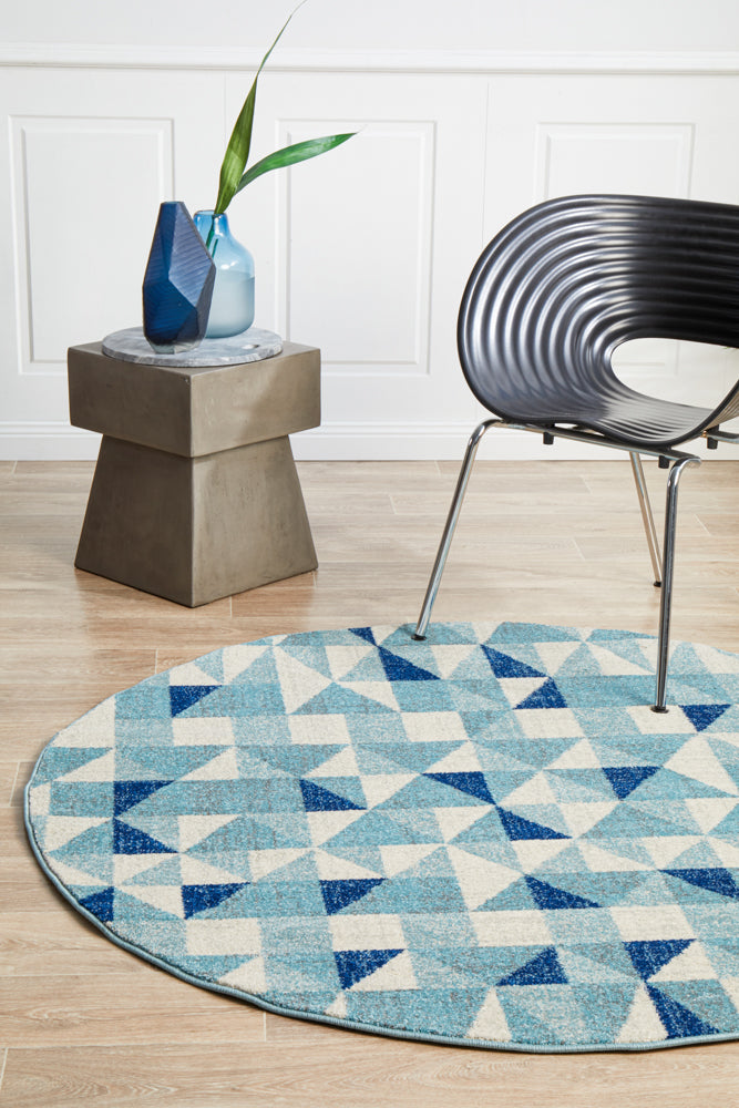 Modern Geo Blue Ivory Round Rug - Mirage Illusion Style, Timeless Design